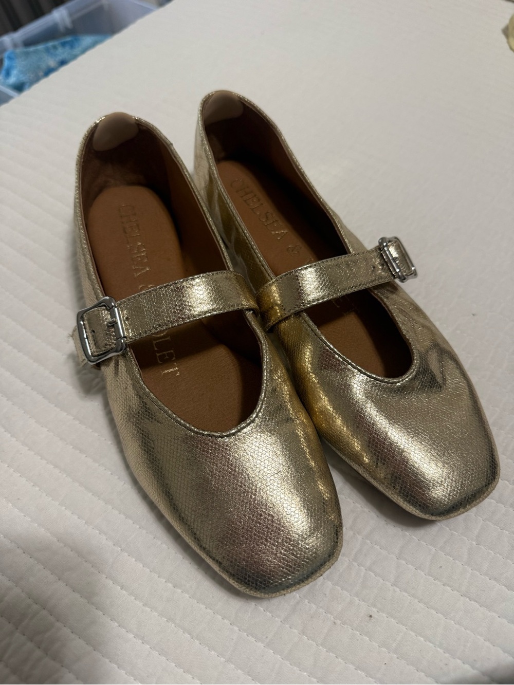 Women’s  Metallic Gold Mary Jane Flats with Silver Buckle Strap
